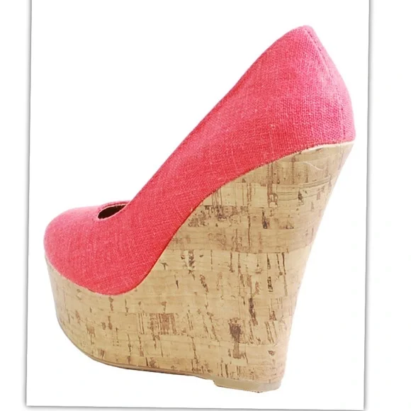 Coral Canvas Linen Cork Round Toe High Heel Wedge Pump - Picture 2 of 2